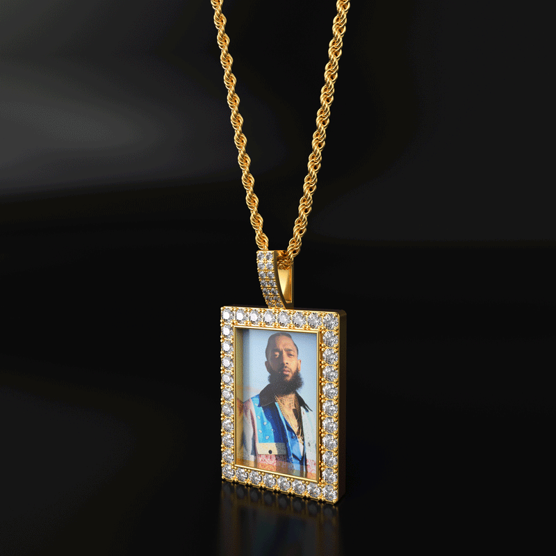 Pingente Cravejado Personalizado Rectangular com Foto Gravada Prata 925 Ouro 14K