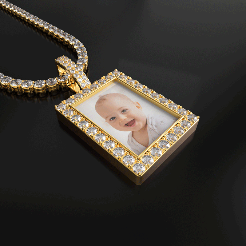 Pingente Cravejado Personalizado Rectangular com Foto Gravada Prata 925 Ouro 14K