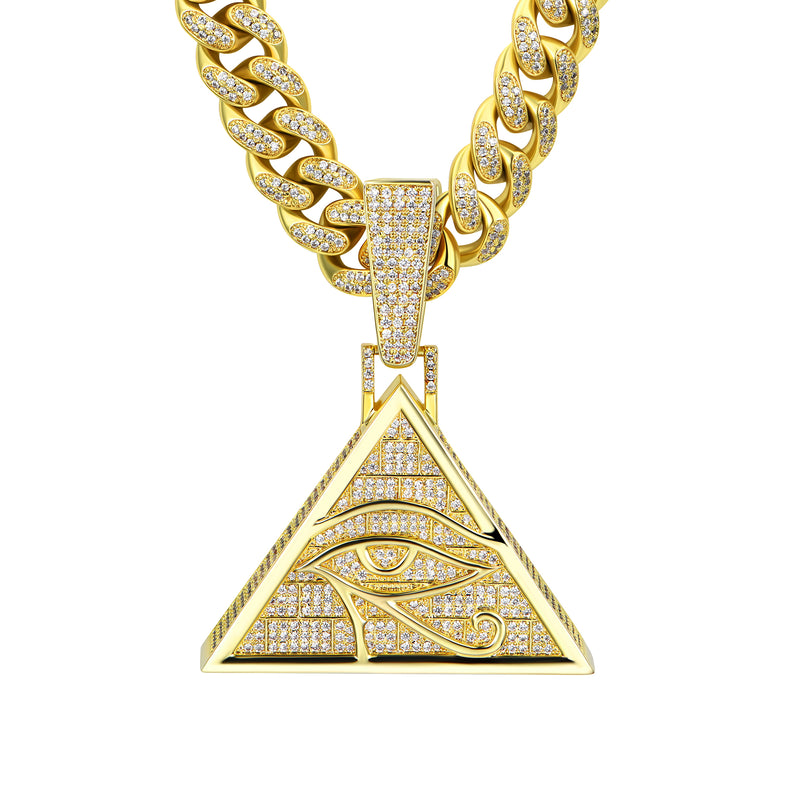 Pingente Pirâmide com Olho de Hórus Cravejado Ouro 14K - Estilo Hip Hop - APORRO